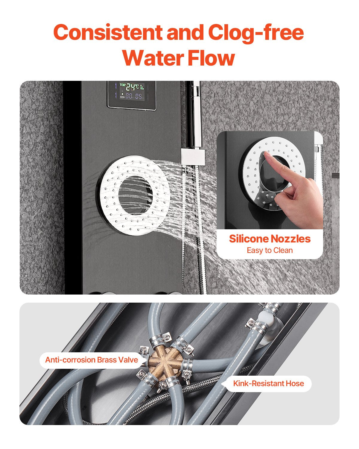 Duschpaneltornsystem med regnduschmunstycke, LED, 53 tum duschpelare i borstat rostfritt stål, kran med 6 funktioner, väggmonterat regnmassagesystem med 5 kroppsstrålar, handhållen, badkarspip