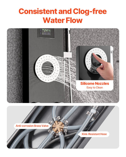 Duschpaneltornsystem med regnduschmunstycke, LED, 53 tum duschpelare i borstat rostfritt stål, kran med 6 funktioner, väggmonterat regnmassagesystem med 5 kroppsstrålar, handhållen, badkarspip