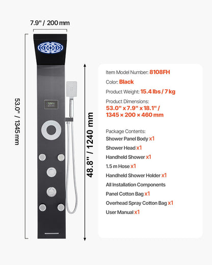 Duschpaneltornsystem med regnduschmunstycke, LED, 53 tum duschpelare i borstat rostfritt stål, kran med 6 funktioner, väggmonterat regnmassagesystem med 5 kroppsstrålar, handhållen, badkarspip