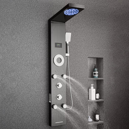 Duschpaneltornsystem med regnduschmunstycke, LED, 53 tum duschpelare i borstat rostfritt stål, kran med 6 funktioner, väggmonterat regnmassagesystem med 5 kroppsstrålar, handhållen, badkarspip