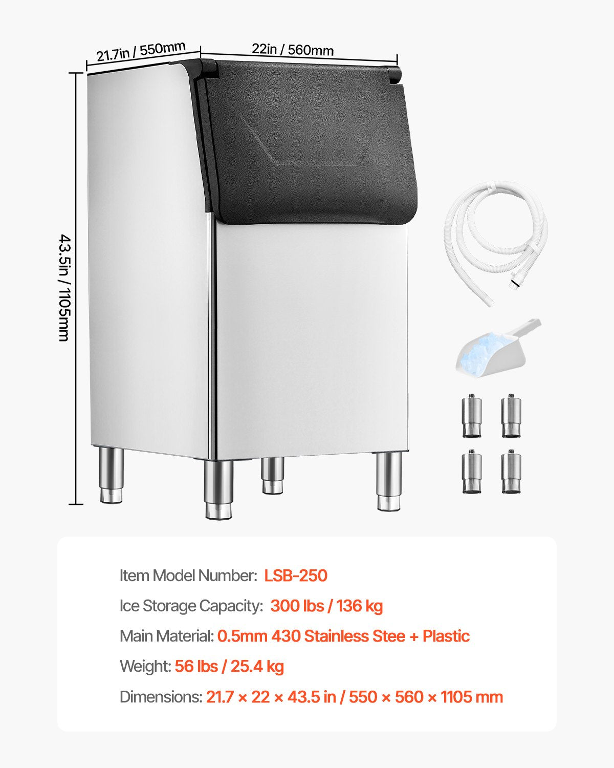 Förvaringsbehållare för kommersiell ismaskin, islåda med kapacitet 136 kg, kommersiell islåda med justerbara halkfria gummifötter, lämplig för restauranger, hotell och dryckesbutiker