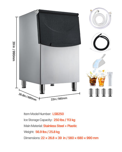 Commercial Ice Maker Storage Bin, 113 KG Capacity Ice-Bin, Stainless Steel Commercial Ice Storage Bin with Adjustable Anti-slip Rubber Feet, Suitable for Restaurant Hotel and Beverage Shops