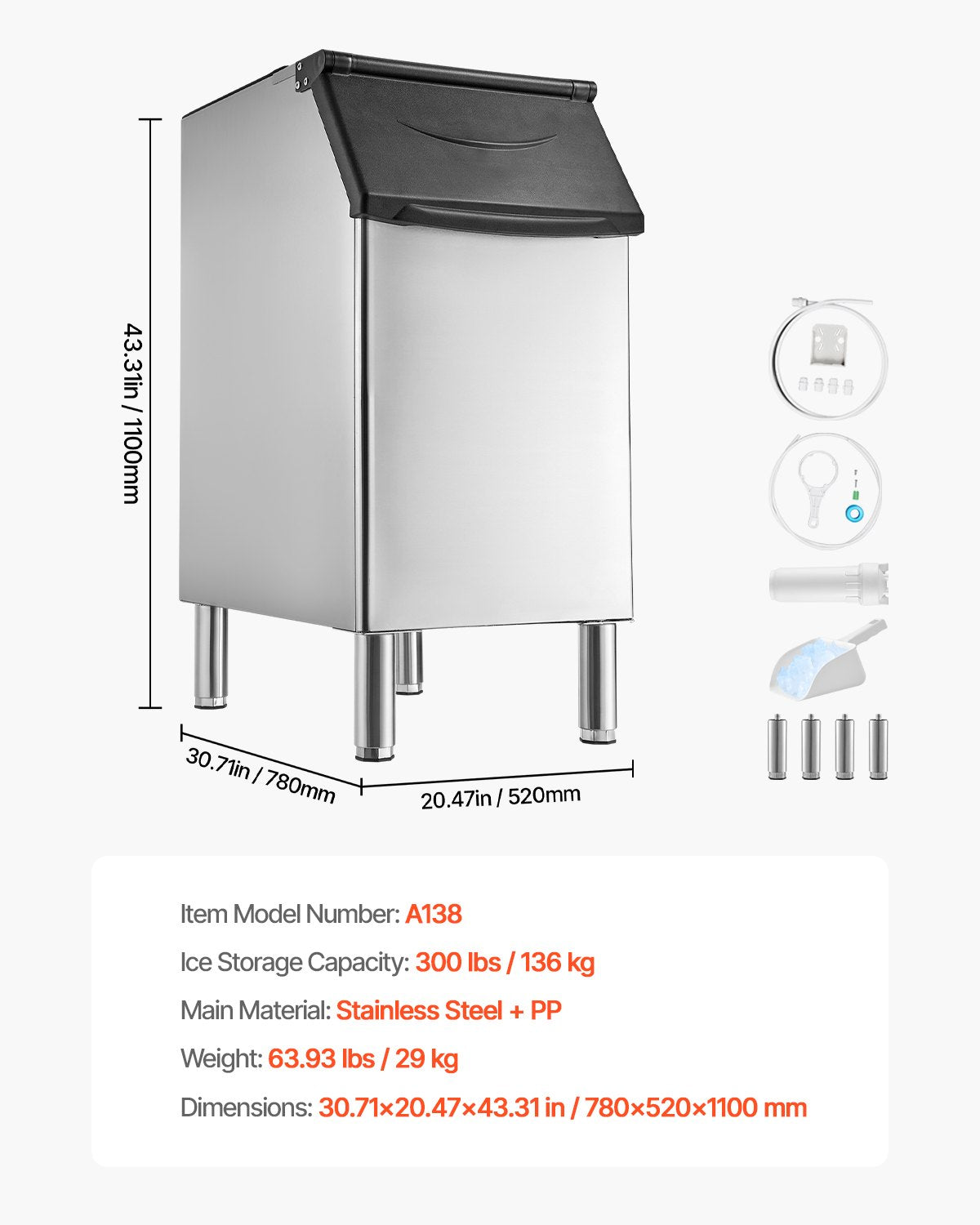 Commercial Ice Maker Storage Bin, 136 KG Capacity Ice-Bin, Stainless Steel Commercial Ice Storage Bin with Adjustable Anti-slip Rubber Feet, Suitable for Restaurant Hotel and Beverage Shops