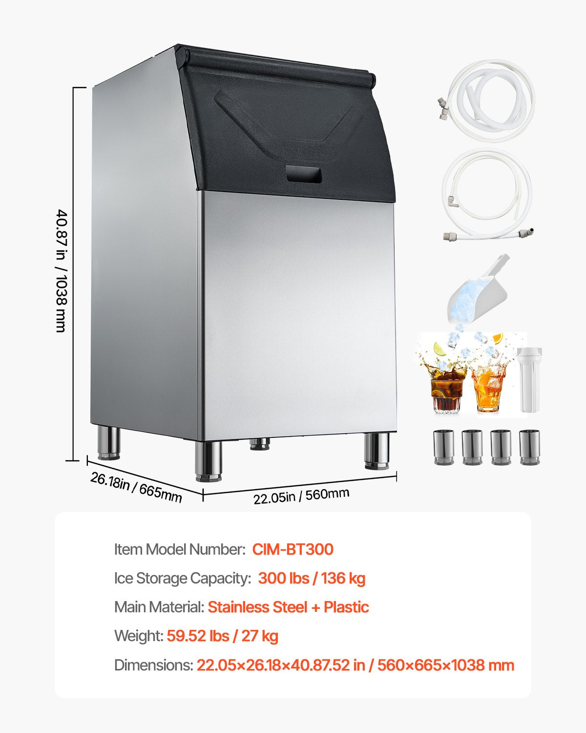 Commercial Ice Maker Storage Bin, 136 KG Capacity Stainless Steel Ice-Bin, Commercial Ice Storage Bin with Adjustable Anti-slip Rubber Feet, Suitable for Restaurant, Hotel and Beverage Shops