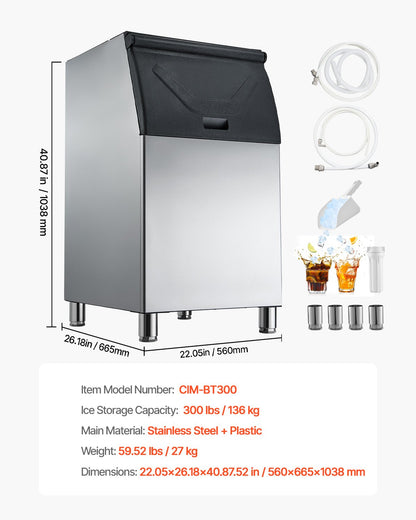 Commercial Ice Maker Storage Bin, 136 KG Capacity Stainless Steel Ice-Bin, Commercial Ice Storage Bin with Adjustable Anti-slip Rubber Feet, Suitable for Restaurant, Hotel and Beverage Shops