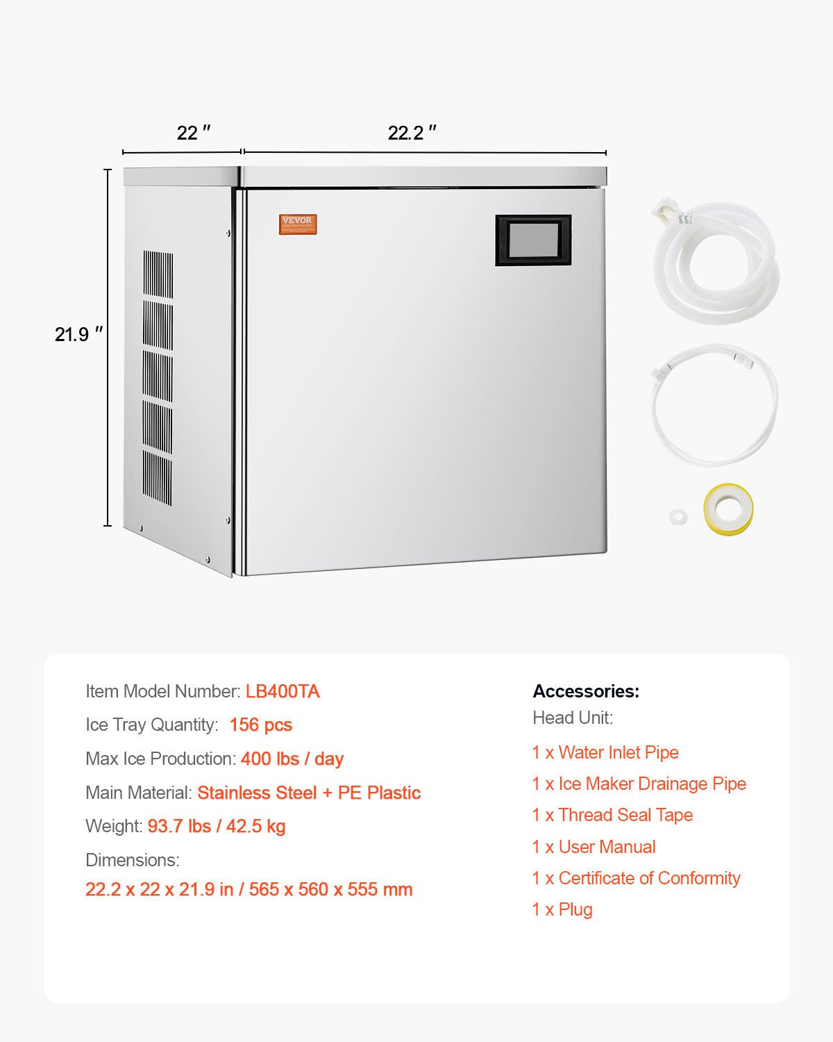 Kommersiell ismaskin 400 lbs/dag självrengörande ismaskin - endast topplock