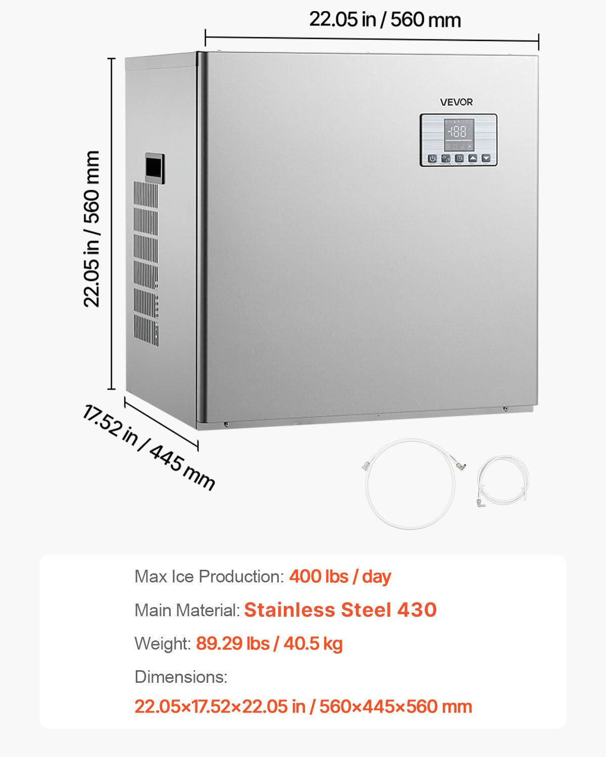 Kommersiell ismaskin - Huvud, 181 kg/dag ismaskin i rostfritt stål med schemalagd istillverkning, självrengörande, justerbar tjocklek, idealisk för restaurangbar café hotell - Endast huvud