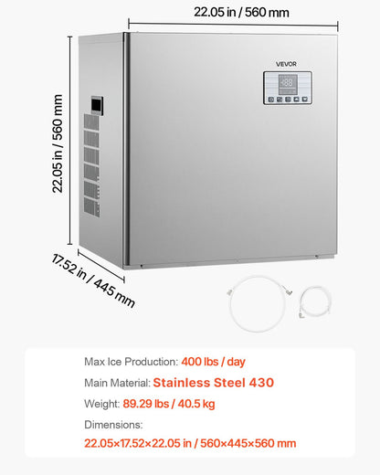 Kommersiell ismaskin - Huvud, 181 kg/dag ismaskin i rostfritt stål med schemalagd istillverkning, självrengörande, justerbar tjocklek, idealisk för restaurangbar café hotell - Endast huvud