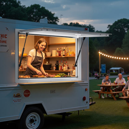 Koncessionsfönster 92x61 cm, servicefönster med aluminiumram för food truck, upp till 85 graders ställfönster med markisdörr och dragkrok, regnvattentåligt för koncessionsvagnar