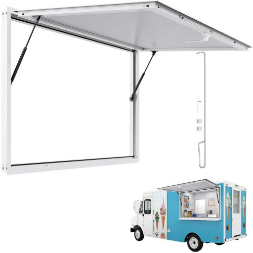 Koncessionsfönster 152x92 cm, servicefönster med aluminiumram för food truck, upp till 85 graders ställfönster med markisdörr och dragkrok, regnvattentåligt för koncessionsvagn