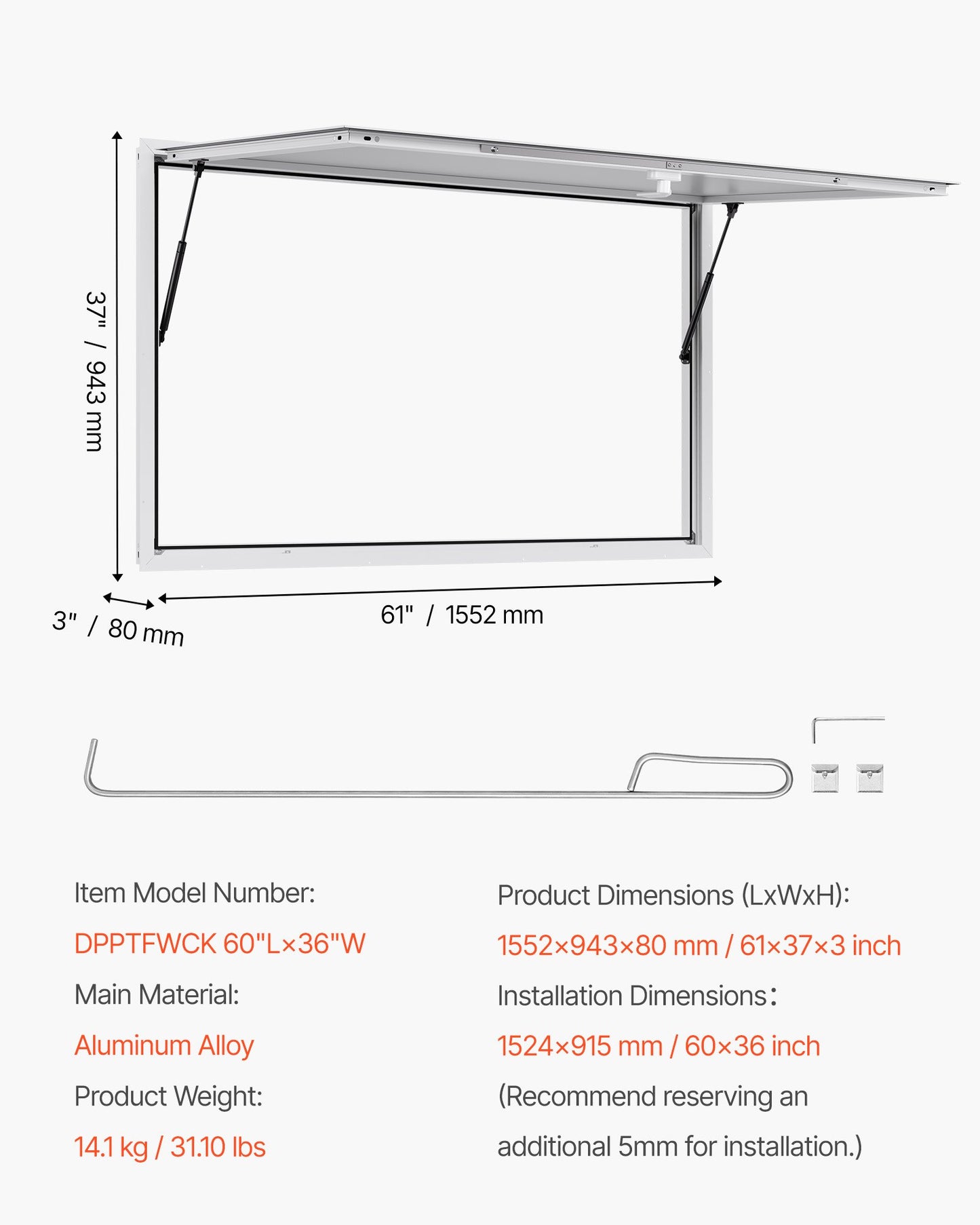 Koncessionsfönster 152x92 cm, servicefönster med aluminiumram för food truck, upp till 85 graders ställfönster med markisdörr och dragkrok, regnvattentåligt för koncessionsvagn