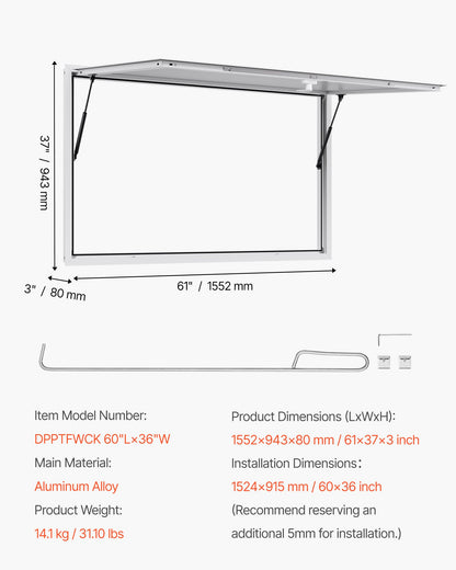 Koncessionsfönster 152x92 cm, servicefönster med aluminiumram för food truck, upp till 85 graders ställfönster med markisdörr och dragkrok, regnvattentåligt för koncessionsvagn
