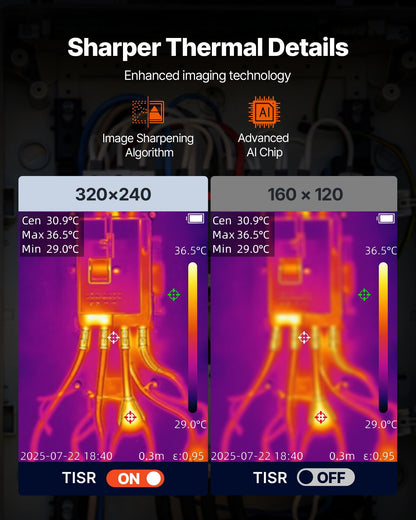 Värmekamera, 320 x 240 TISR superupplösning, värmekamera med 2 MP visuell kamera, 160 x 120 IR-upplösning, 25 HZ uppdateringsfrekvens, -4°F till 1022°F, 4 bildlägen och 6 färgpaletter