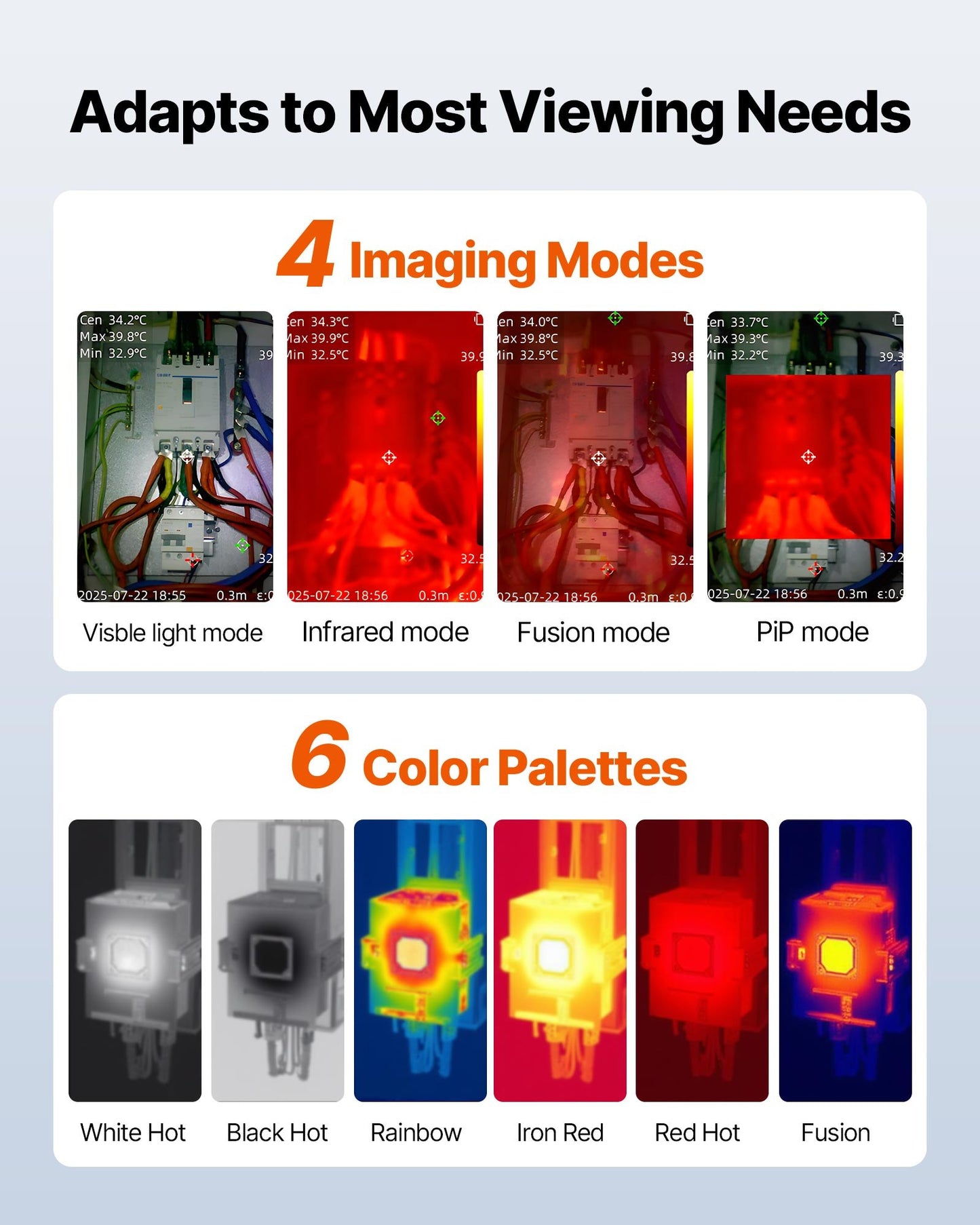 Värmekamera, 320 x 240 TISR superupplösning, värmekamera med 2 MP visuell kamera, 160 x 120 IR-upplösning, 25 HZ uppdateringsfrekvens, -4°F till 1022°F, 4 bildlägen och 6 färgpaletter