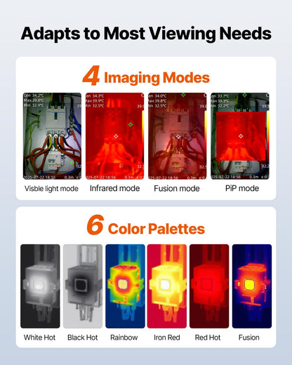 Värmekamera, 320 x 240 TISR superupplösning, värmekamera med 2 MP visuell kamera, 160 x 120 IR-upplösning, 25 HZ uppdateringsfrekvens, -4°F till 1022°F, 4 bildlägen och 6 färgpaletter