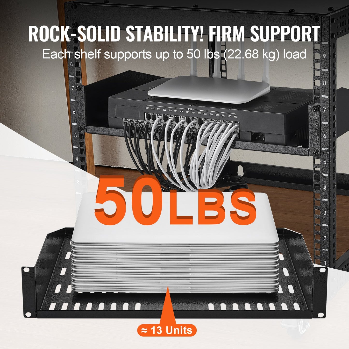 2U serverhylla, 16"/406 mm djup, 23 kg/50 lbs maxlastkapacitet Ventilerad, utkragande eller väggmonterad rackhylla med bricka, god luftcirkulation för 482,6 mm/19" nätverksskåp eller utrustningsrack