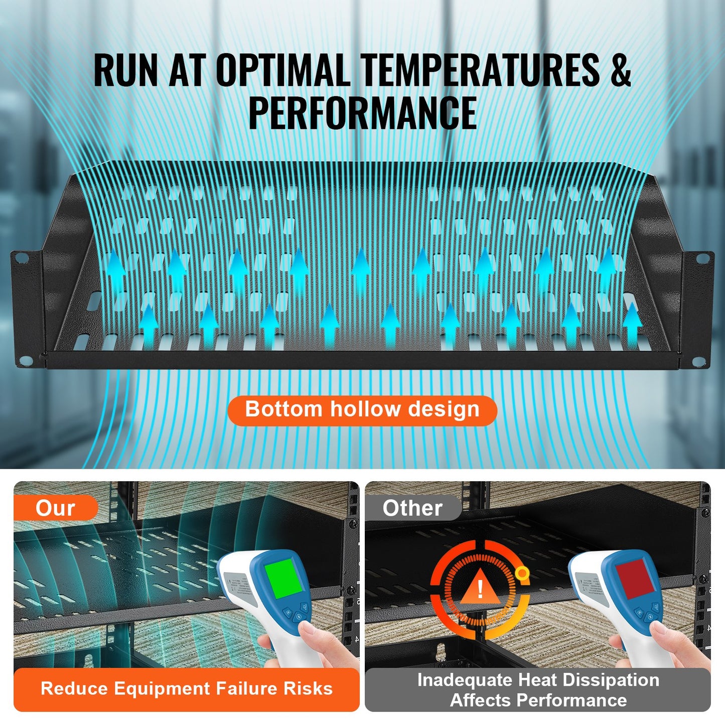 2U serverhylla, 16"/406 mm djup, 23 kg/50 lbs maxlastkapacitet Ventilerad, utkragande eller väggmonterad rackhylla med bricka, god luftcirkulation för 482,6 mm/19" nätverksskåp eller utrustningsrack