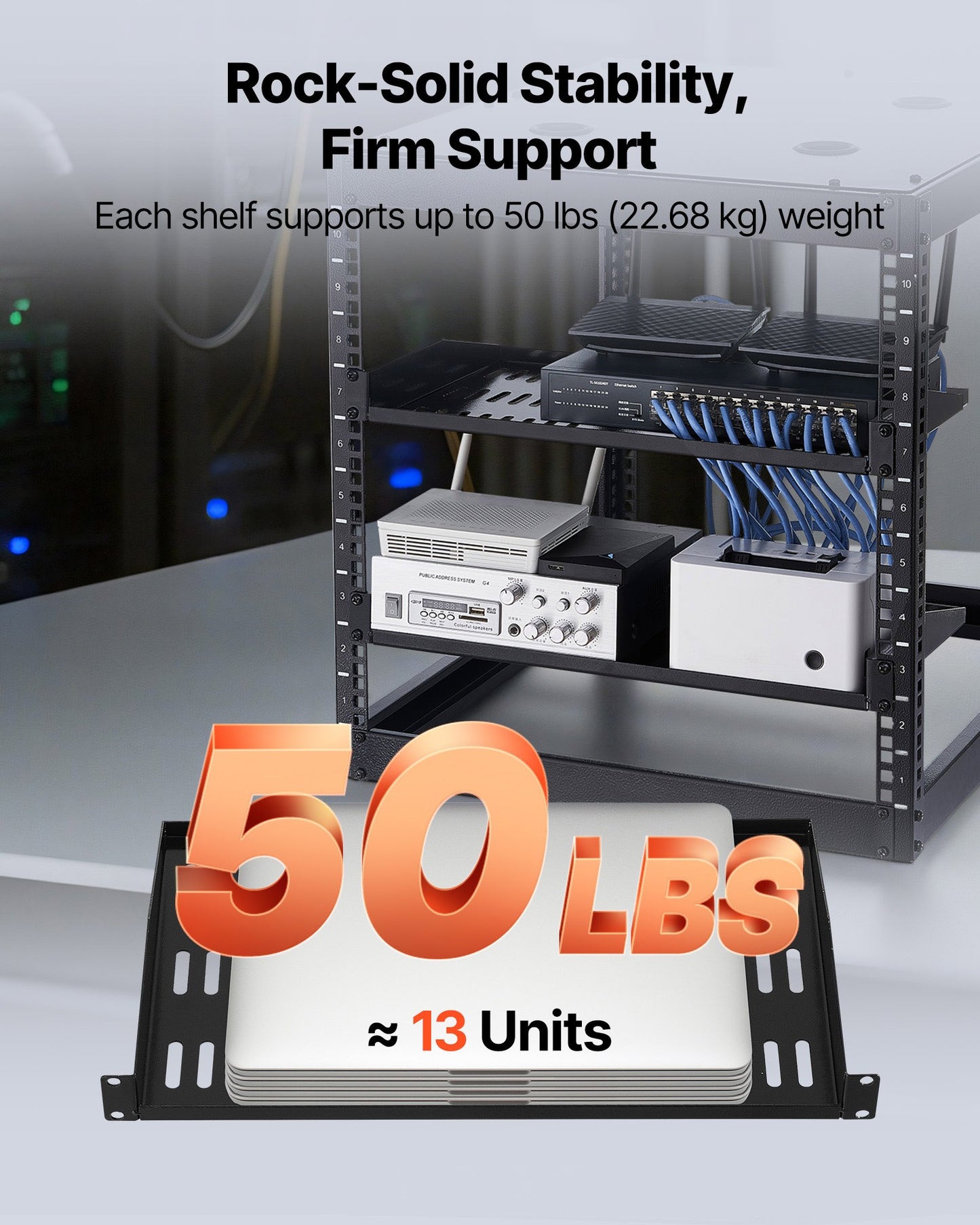 1U Server Rack Shelf, 4 PCS, 22.68 kg Max Load-Bearing Vented Cantilever, Wall Mount or Rack Mount Shelf with Tray, 254 mm Depth, Good Air Circulation for Cabinet Computer Network Equipment