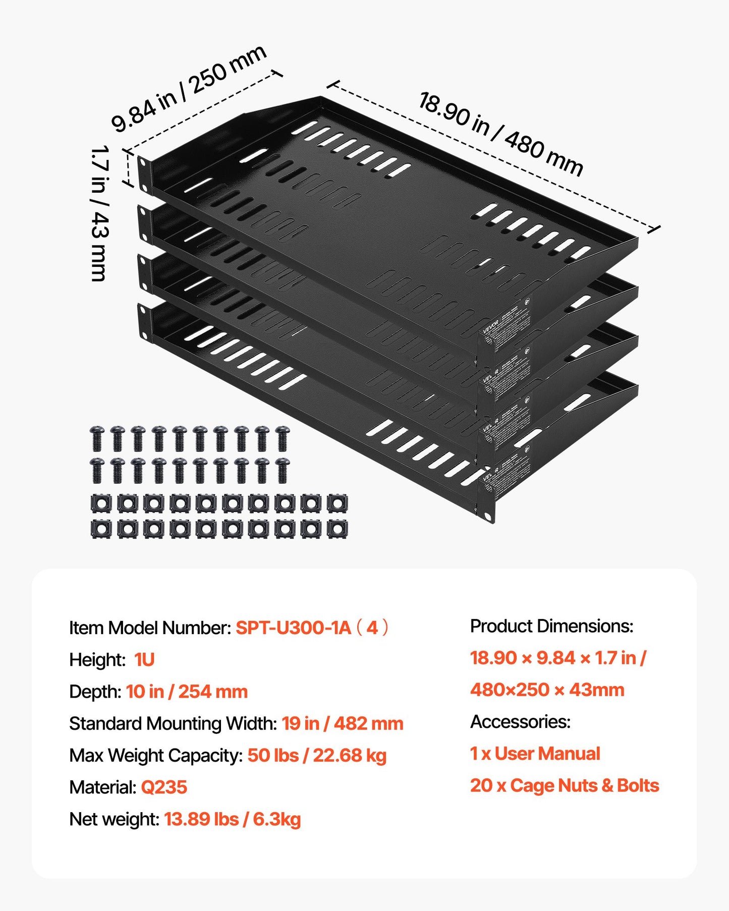 1U Server Rack Shelf, 4 PCS, 22.68 kg Max Load-Bearing Vented Cantilever, Wall Mount or Rack Mount Shelf with Tray, 254 mm Depth, Good Air Circulation for Cabinet Computer Network Equipment