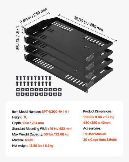 1U Server Rack Shelf, 4 PCS, 22.68 kg Max Load-Bearing Vented Cantilever, Wall Mount or Rack Mount Shelf with Tray, 254 mm Depth, Good Air Circulation for Cabinet Computer Network Equipment
