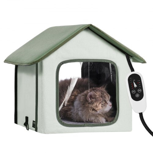 Upphöjt uppvärmt katthus, utomhus kattskydd med timer, vikbart kattskydd av 600D Oxfordtyg med värmedyna för vintern för att hålla sig varm och mysig, grön (liten)