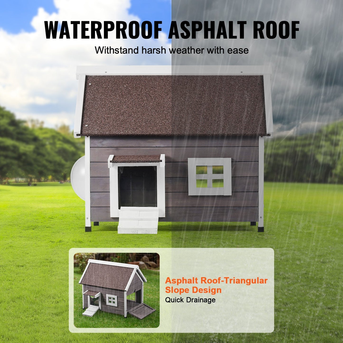 Väderbeständigt katthus för utomhusbruk, skydd för vilda katter för flera katter, katthus i trä med stor sidodörr, PVC-dörrflikar, öppet tak, genomskinligt fönster, 56,5 cm L x 76,5 cm B x 61,5 cm H