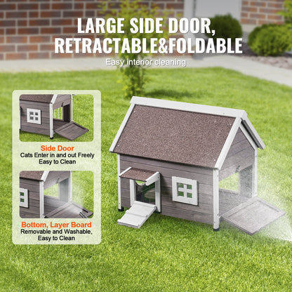Väderbeständigt katthus för utomhusbruk, skydd för vilda katter för flera katter, katthus i trä med stor sidodörr, PVC-dörrflikar, öppet tak, genomskinligt fönster, 56,5 cm L x 76,5 cm B x 61,5 cm H