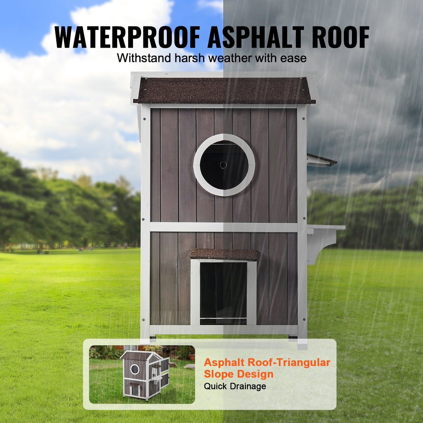 Väderbeständigt katthus för utomhusbruk, skydd för förvildade katter, stort utomhuskatthus i trä med två våningar, dörrar, PVC-dörrflikar, ett genomskinligt fönster, 59 cm L x 61 cm B x 91 cm H