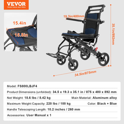 Wheelchair Aluminum Alloy Transport Chair Foldable 40 cm W Seat 99.8 kg