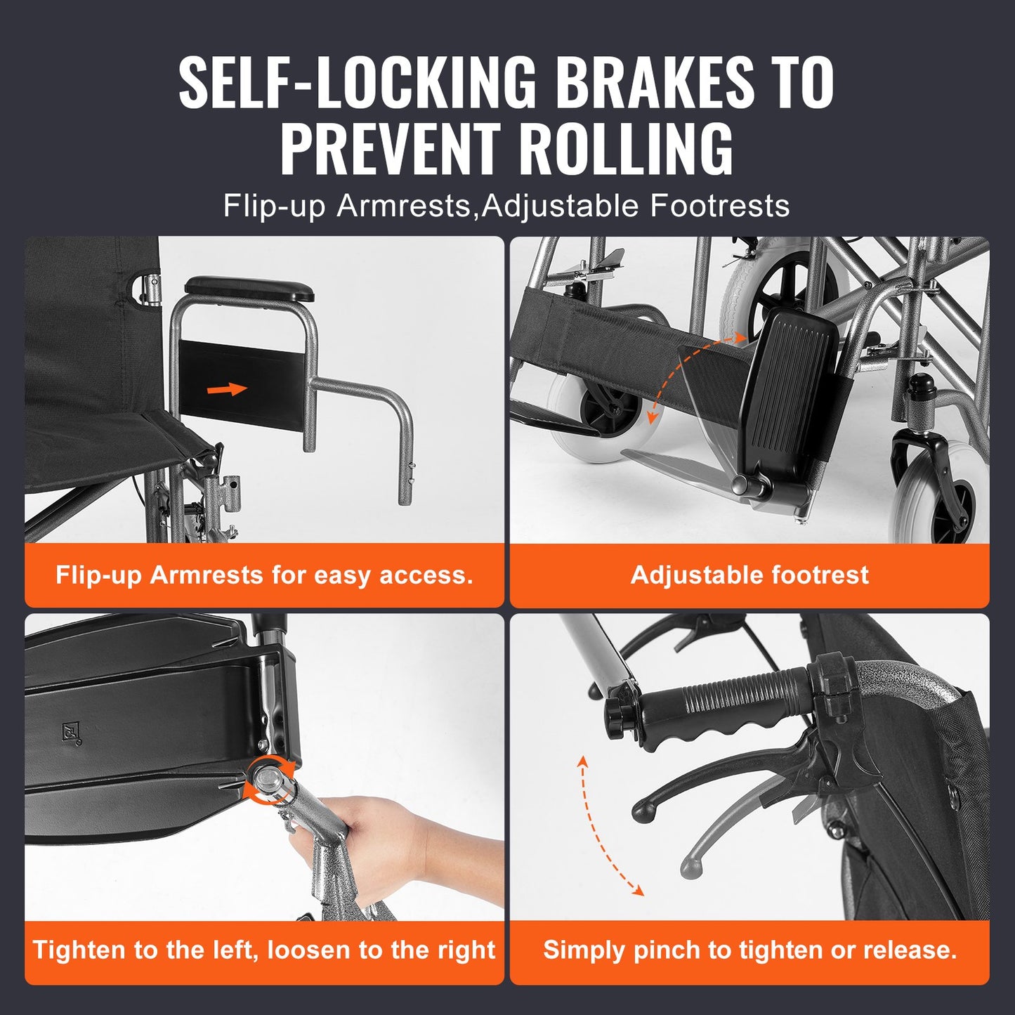 Wheelchair, Carbon Steel Transport Chair for Adults, Foldable Wheelchair with Detachable Armrest, Self-locking Brake, 24-Inch Wide Seat, 300lbs Weight Capacity, for the Disabled Move Freely