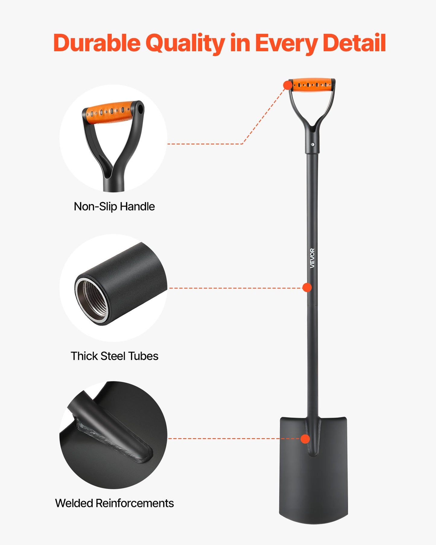 Square Shovel, 122 cm Heavy-Duty Flat Shovel, Transfer Shovels with Alloy Steel Blade and Non-Slip D-Handle, Detachable and Easy Storage, for Gardening, Construction, Digging & Snow Shoveling