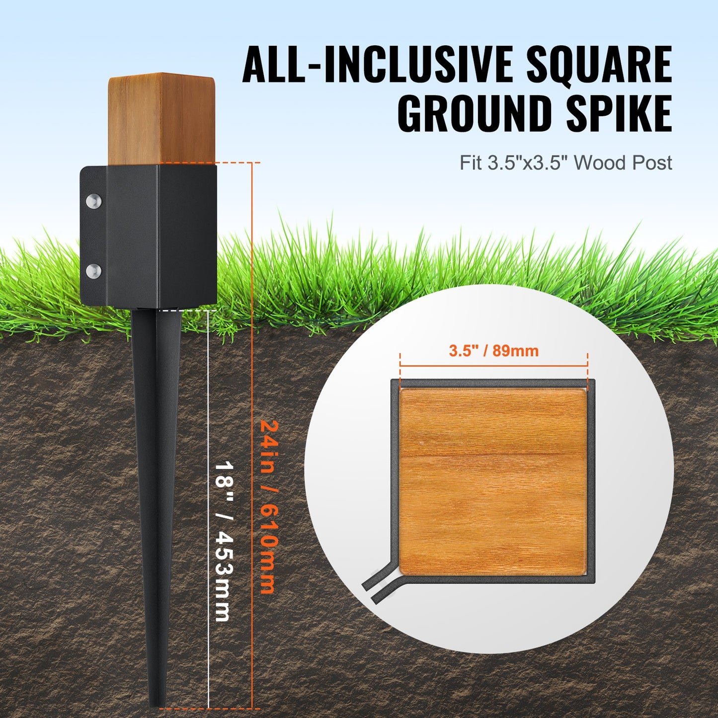 Fence Post Anchor Ground Spike, 8 Pack 24 x 4 x 4 Inches/61 x 10.2 x 10.2 cm Outer Diameter (Inner Diameter 3.5 x3.5 Inches/ 8.9 x 8.9 cm), Metal Black Powder Coated Post Stake Ground, for Mailbox Deck Garden Railing