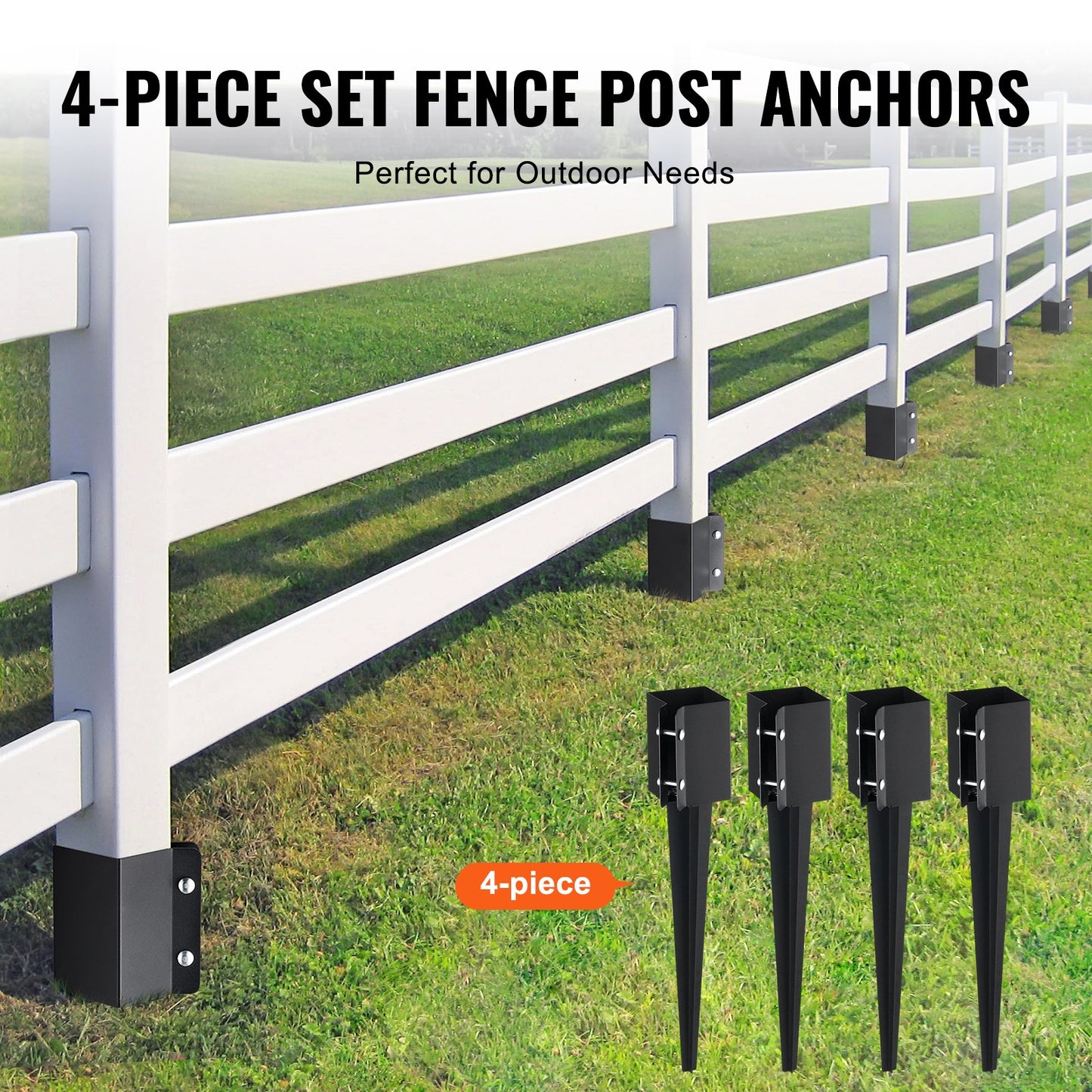Fence Post Anchor Ground Spike, 4 Pack 24 x 4 x 4 Inches Outer Diameter (Inner Diameter 3.5 x3.5 Inches), Metal Black Powder Coated Post Stake Ground, for Mailbox Deck Garden Railing