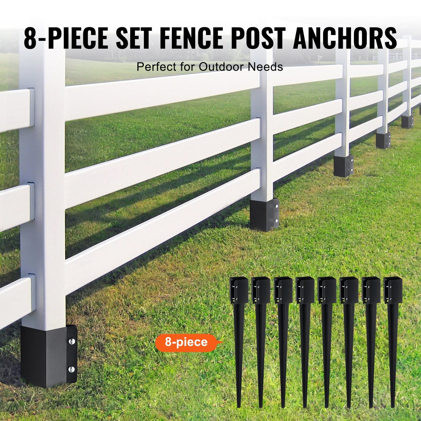 Fence Post Anchor Ground Spike, 8 Pack 36 x 4 x 4 Inches Outer Diameter (Inner Diameter 3.5 x3.5 Inches), Metal Black Powder Coated Post Stake Ground, for Mailbox Deck Garden Railing