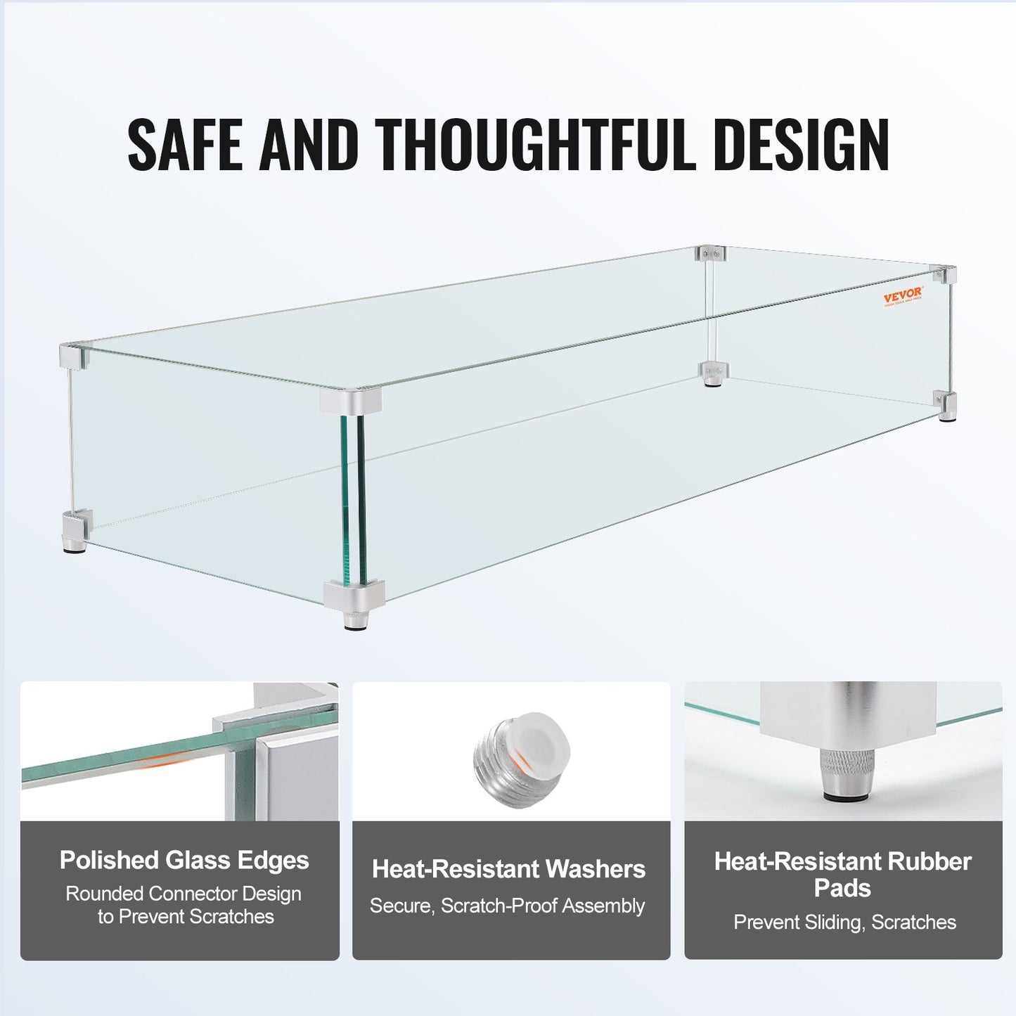 Fire Pit Wind Guard, 38 x 10.5 x 6 Inch Glass Wind Guard, Rectangular Glass Shield, 0.3\" Thick Fire Table, Clear Tempered Glass Flame Guard, Steady Feet Tree Pit Guard for Propane, Gas, Outdoor