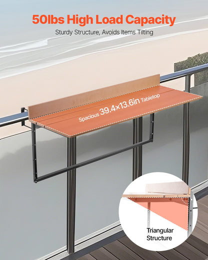 Balcony Hanging Table, 15 x 39 in Folding Balcony Railing Table, Outdoor Balcony Bar Table for Railings, 5-Level Adjustable, Fit Railing from 1" to 5.3", Serving Table for Patio & Deck
