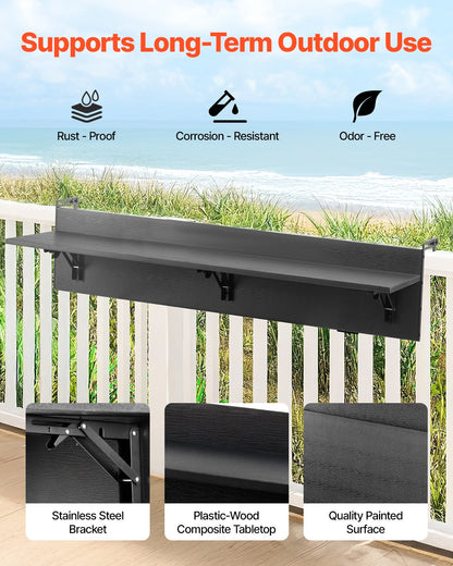Balcony Hanging Table, 12 x 48 in Folding Balcony Railing Table, Outdoor Balcony Bar Table for Railings, 50 lbs Loading, Fit Railing from 1" to 4.3", Serving Table for Patio & Deck