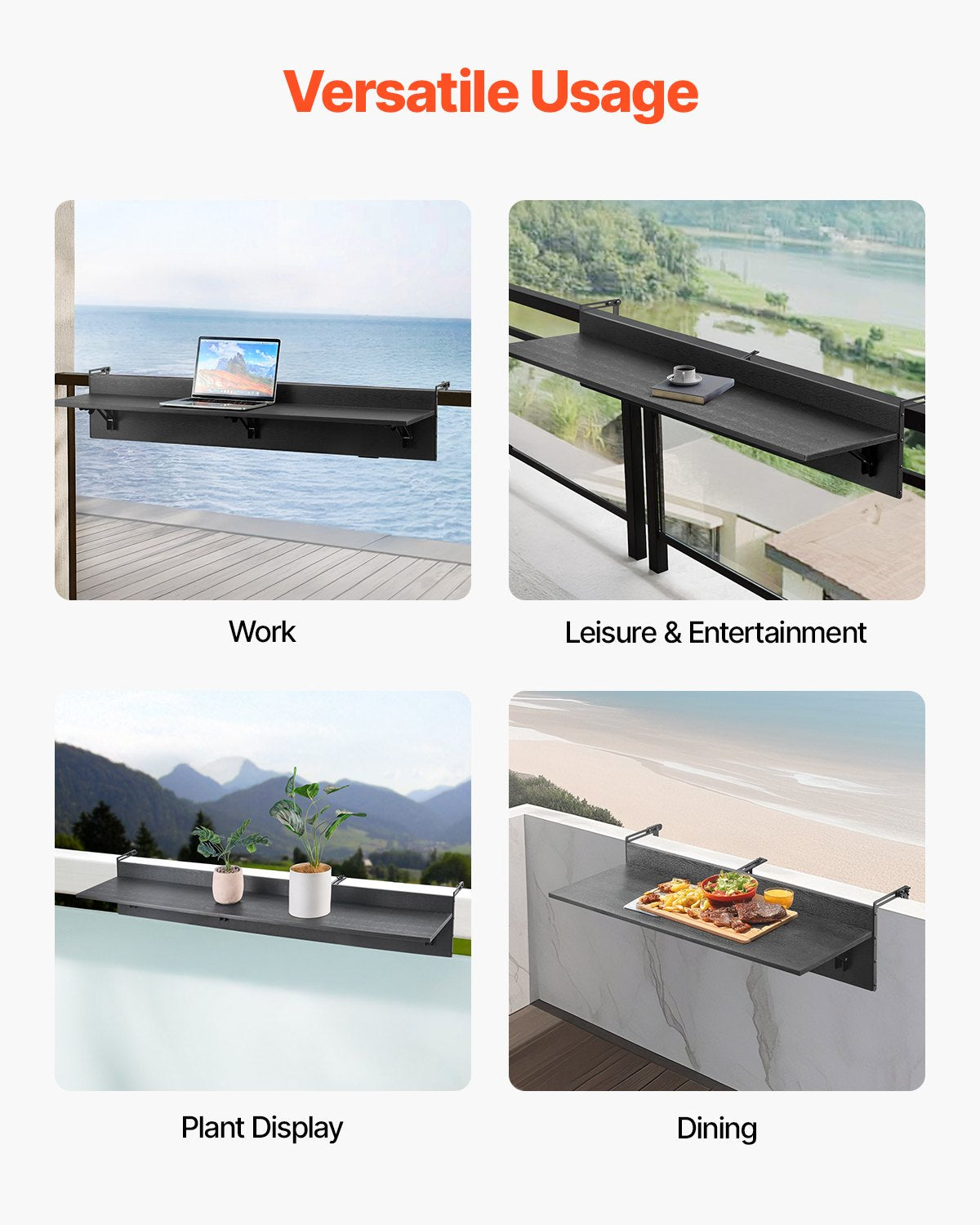 Balcony Hanging Table, 12 x 48 in Folding Balcony Railing Table, Outdoor Balcony Bar Table for Railings, 50 lbs Loading, Fit Railing from 1" to 4.3", Serving Table for Patio & Deck