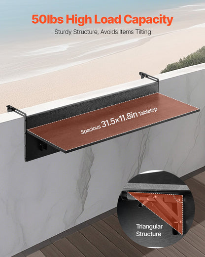 Balcony Hanging Table, 12 x 32 in Folding Balcony Railing Table, Outdoor Balcony Bar Table for Railings, 50 lbs Loading, Fit Railing from 1" to 4.3", Serving Table for Patio & Deck