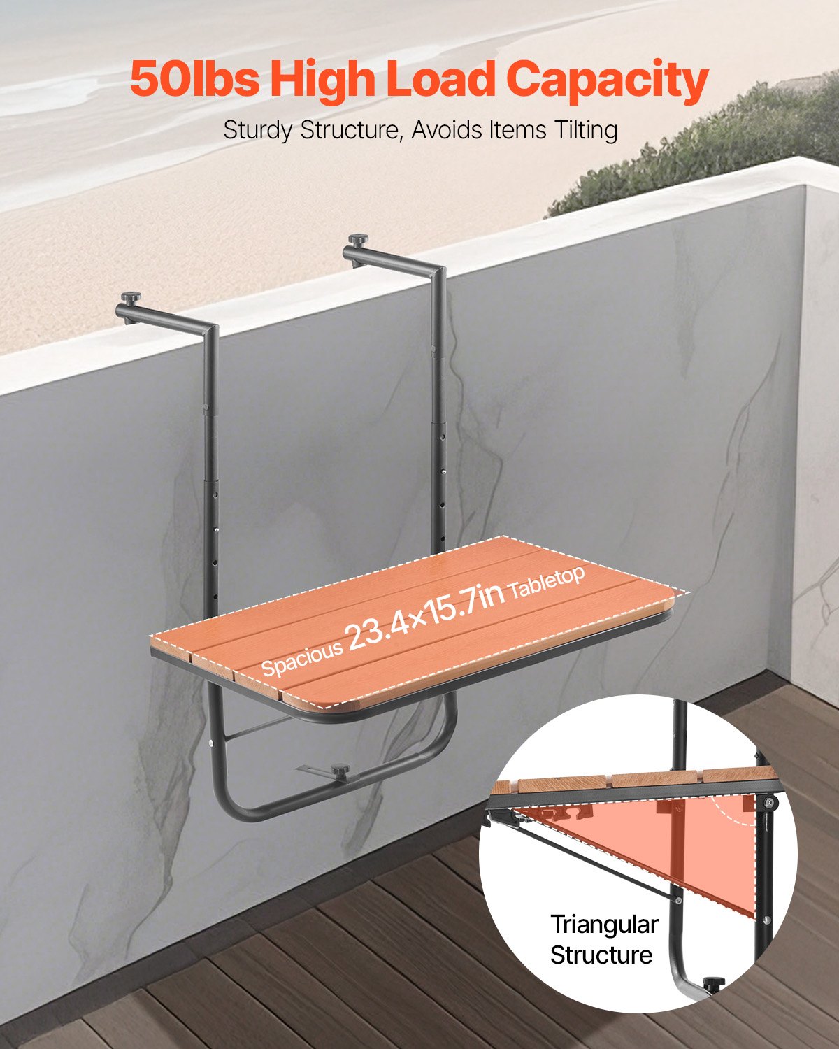 Balcony Hanging Table, 25 x 24 in Folding Balcony Railing Table, Outdoor Balcony Bar Table for Railings, 4-Level Adjustable, Fit Railing from 1" to 8.27", Serving Table for Patio & Deck