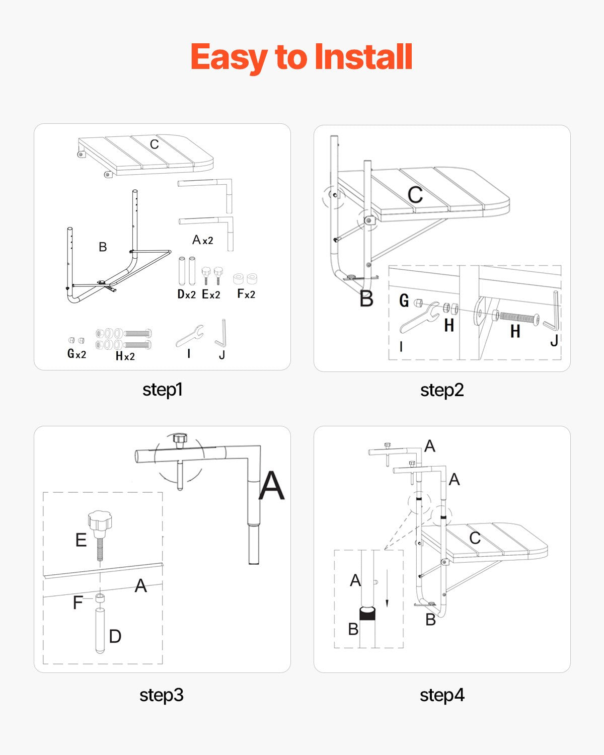 Balcony Hanging Table, 25 x 24 in Folding Balcony Railing Table, Outdoor Balcony Bar Table for Railings, 4-Level Adjustable, Fit Railing from 1" to 8.27", Serving Table for Patio & Deck