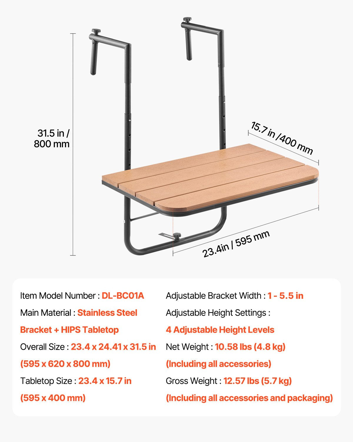 Balcony Hanging Table, 25 x 24 in Folding Balcony Railing Table, Outdoor Balcony Bar Table for Railings, 4-Level Adjustable, Fit Railing from 1" to 8.27", Serving Table for Patio & Deck