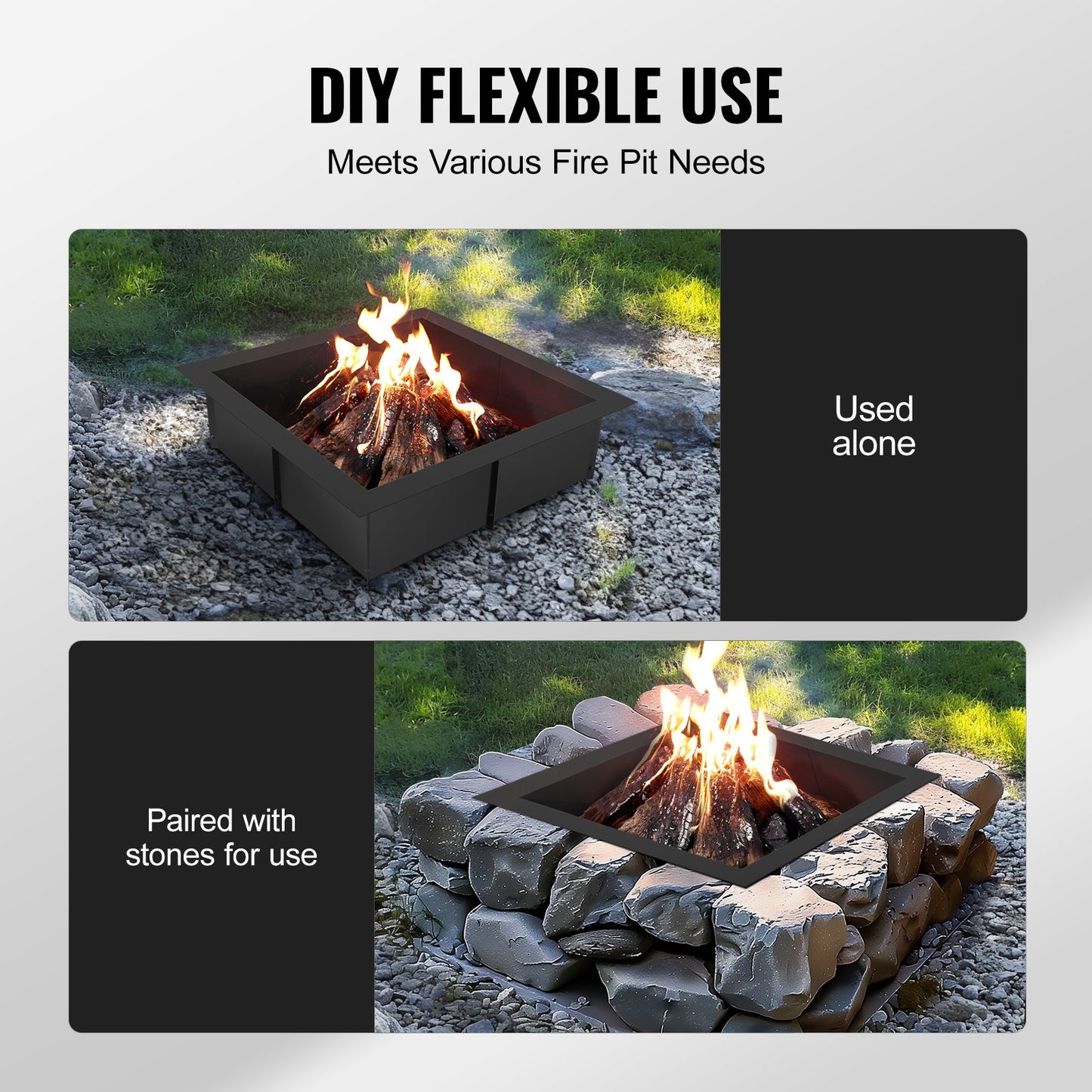 Fire Pit Ring, 42x42 in Outer/36x36 in Inner Diameter, 10inch Height Square Fire Pit Insert, Heavy Duty Carbon Steel Liner DIY Campfire Ring above or In-Ground, for Outdoor Camping, Bonfires