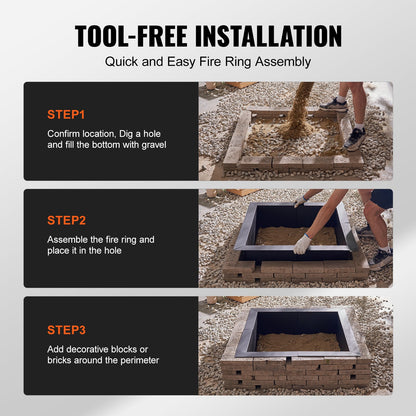 Fire Pit Ring, 42x42 in Outer/36x36 in Inner Diameter, 10inch Height Square Fire Pit Insert, Heavy Duty Carbon Steel Liner DIY Campfire Ring above or In-Ground, for Outdoor Camping, Bonfires