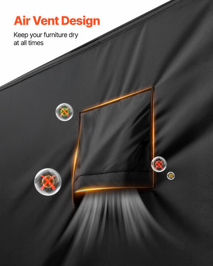 Överdrag till uteplatsmöbler, 420D kraftigt vattentätt överdrag för utomhusmatbord och stolar, stort rektangulärt överdrag till uteplatsbord med ventilation för alla väder, 330L x 214B x 71H cm, svart