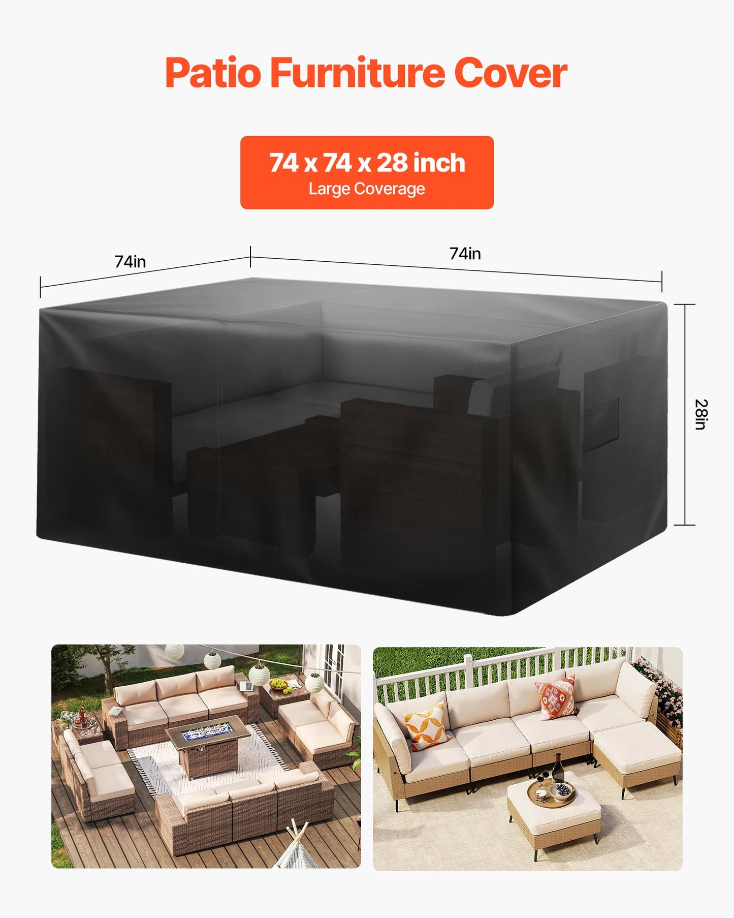 Patio Furniture Cover, 420D Heavy Duty Waterproof Outdoor Dining Table and Chairs Cover, Large Squre Patio Table Covers with Air Vent for All Weather, 188L x 188W x 71H cm, Black