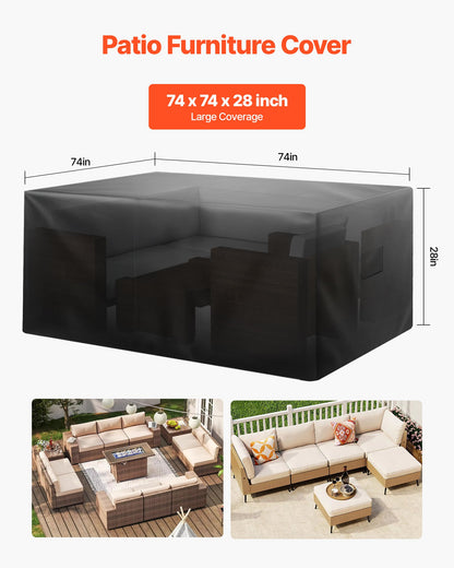 Patio Furniture Cover, 420D Heavy Duty Waterproof Outdoor Dining Table and Chairs Cover, Large Squre Patio Table Covers with Air Vent for All Weather, 188L x 188W x 71H cm, Black