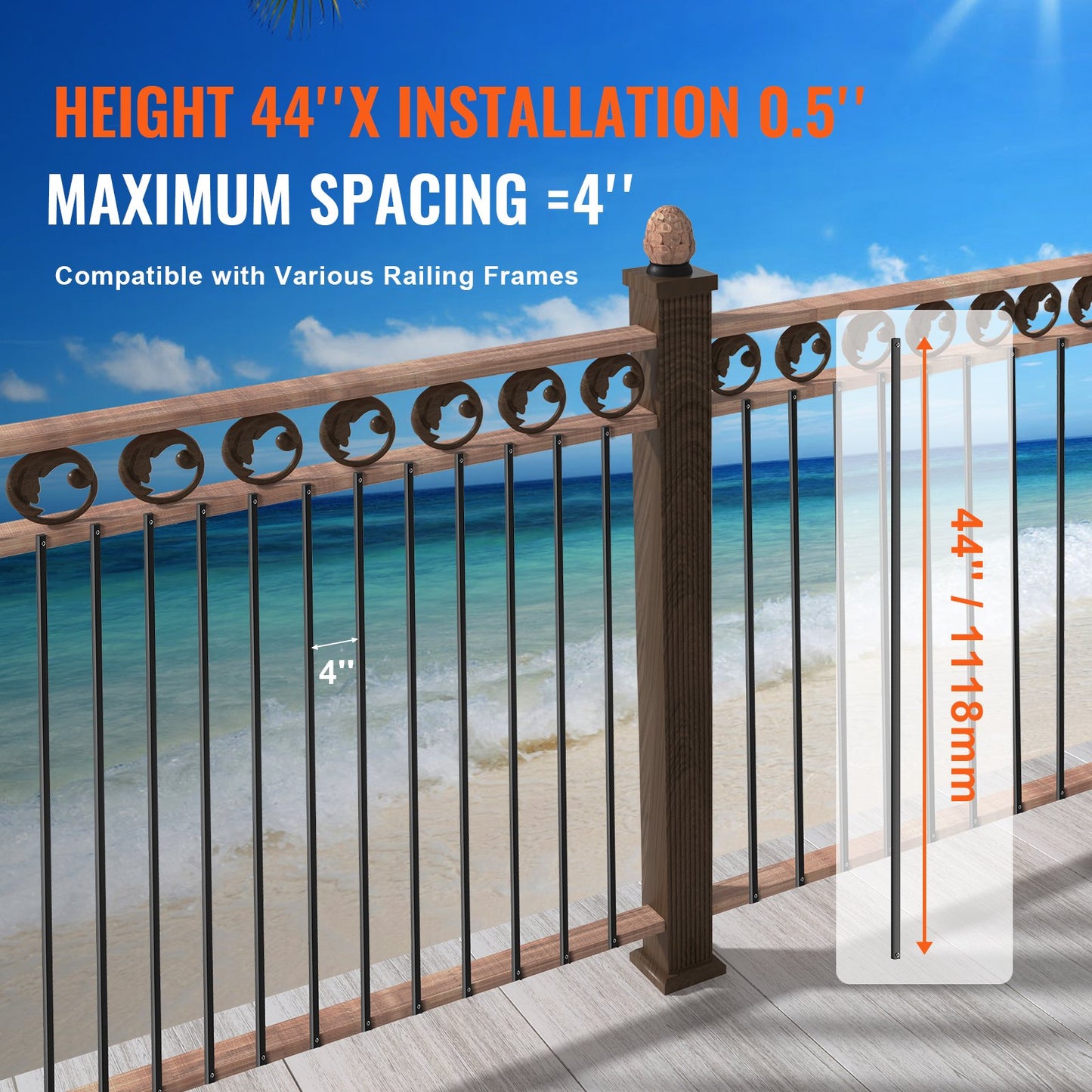 Metallbaluster för trappuppgång, 44'' x 0,5'' fyrkantiga dekorativa ledstänger i aluminiumlegering, 31-pack däckbaluster med skruvar, klassiskt ihåligt rakt däckräcke, satinsvart pulverlackerat