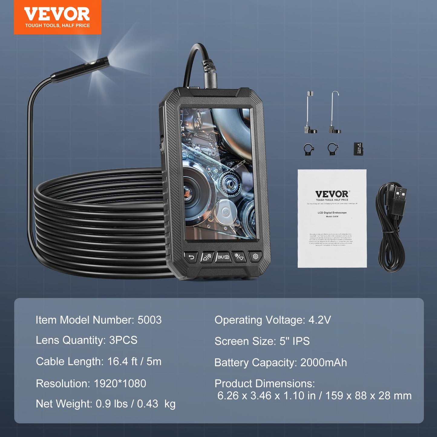 Endoscope Camera with Lights Triple Lens Borescope 499.9 cm Cable 12.7 cm Screen