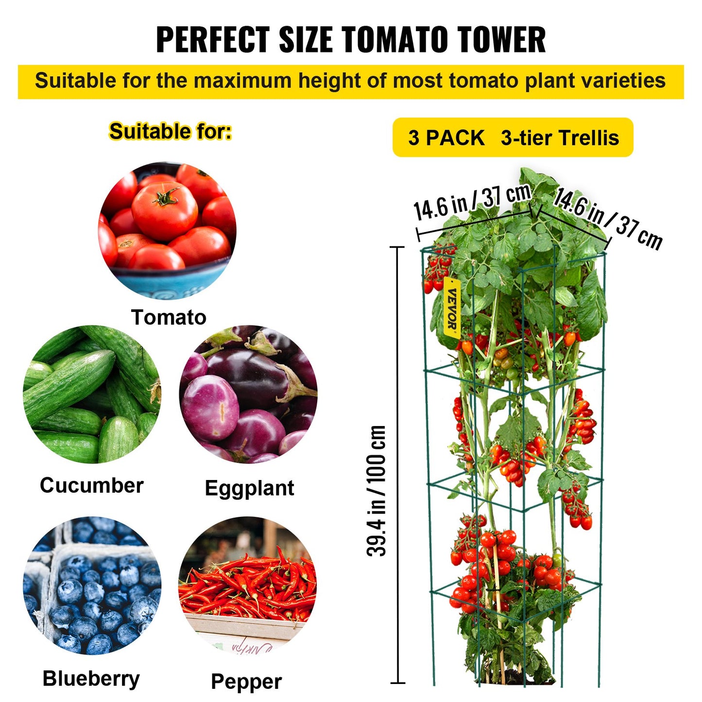 Tomato Cages, 14.6\" x 14.6\" x 39.4\", 3 Packs Tomato Cages for Garden, Square Plant Support Cages Heavy Duty, Green PVC-Coated Steel Tomato Towers for Climbing Vegetables, Plants, Flowers, Fru